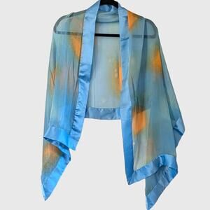 100% Mulberry Silk Scarf Blue Yellow Sheer Abstract Satin Trim 23x62